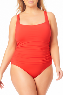  Anne Cole Plus Size Live in Color Red Square Neck Shirred One Piece