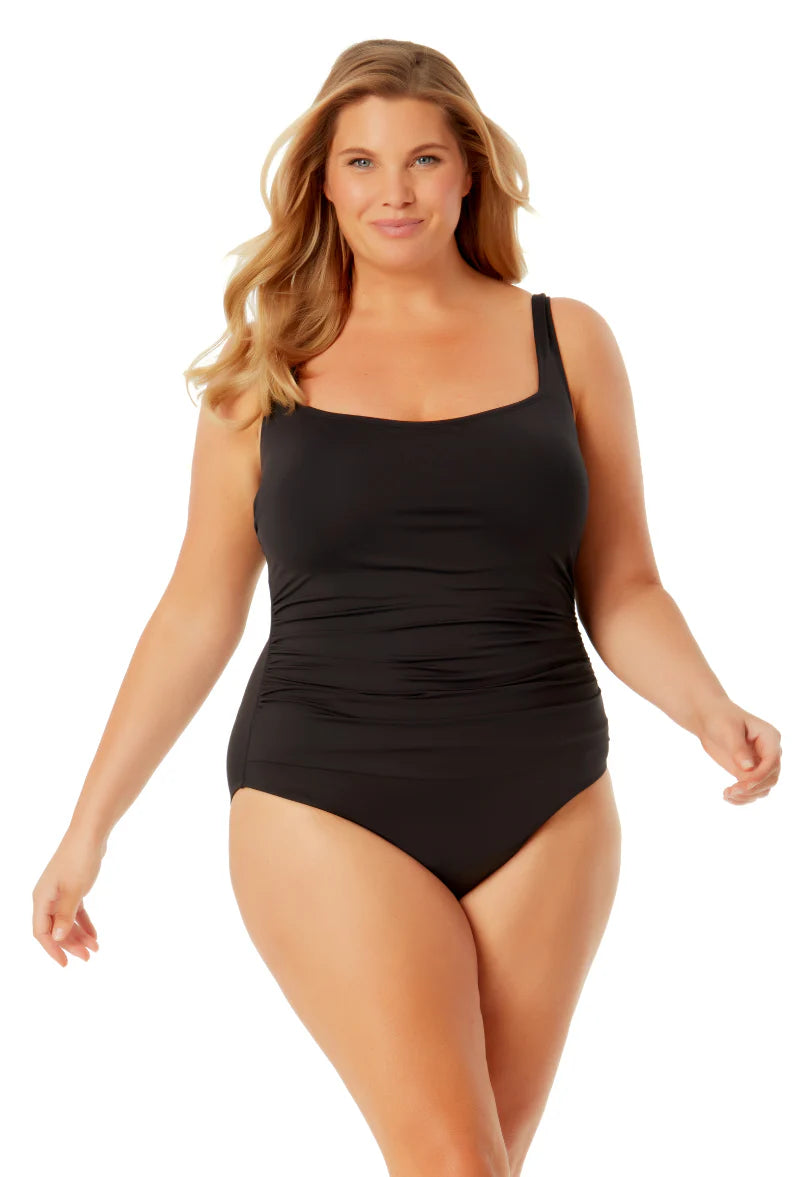 Anne Cole Plus Size Live in Color Black Square Neck Shirred One Piece