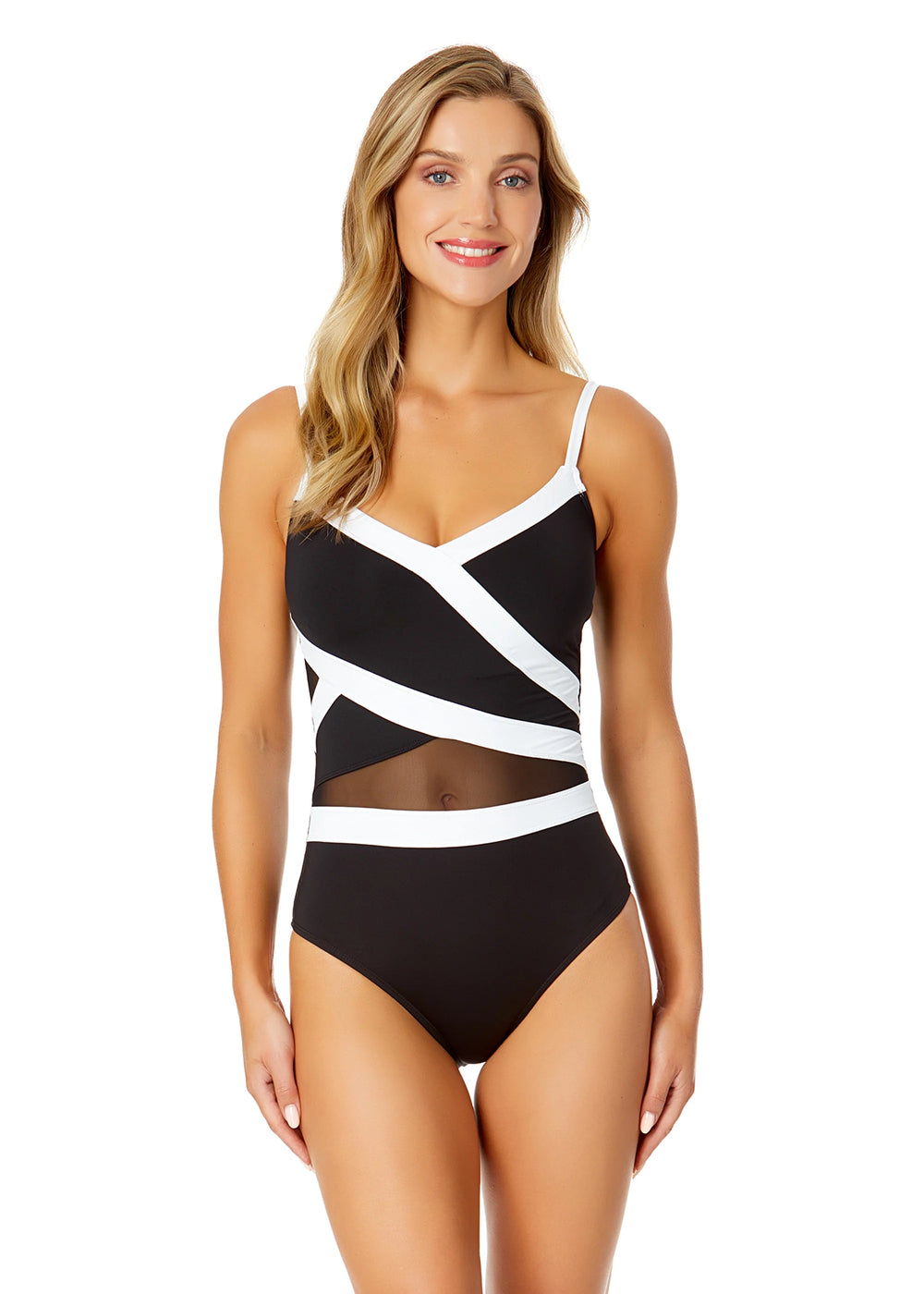 Anne Cole Mesh Around Color Block One-Piece Black