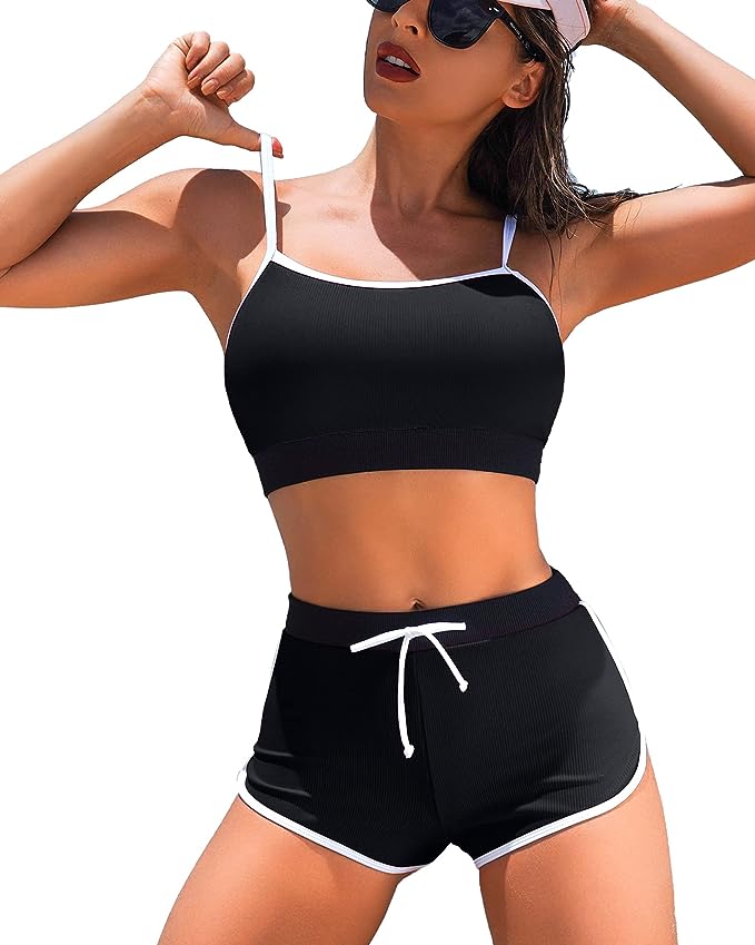 Charmo Women's Athletic Crop Top With Shorts Bikini Set Black