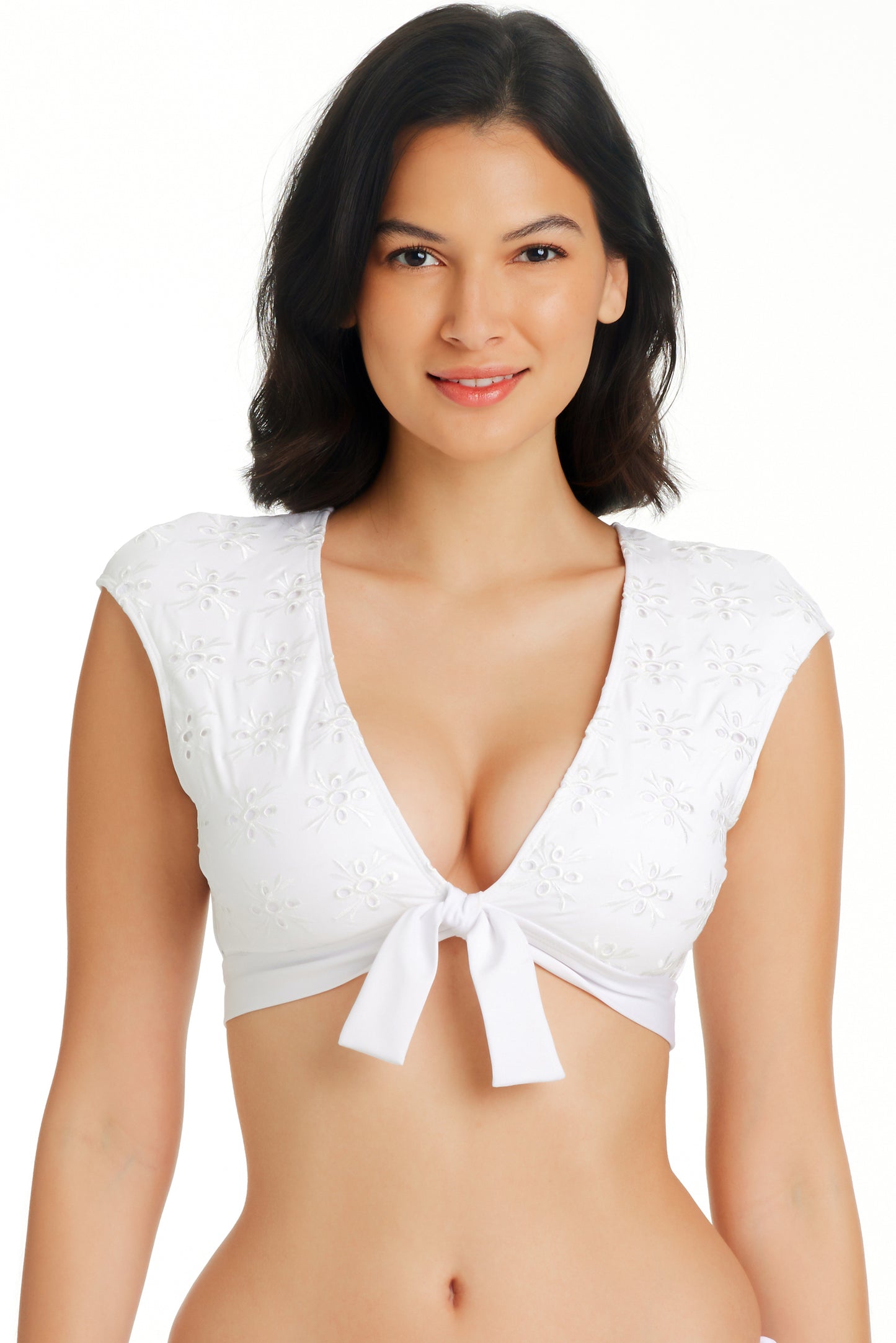 Bleu Rod Beattie Eyes Wide Open Tie Front Cap Sleeve Crop Bikini Top White