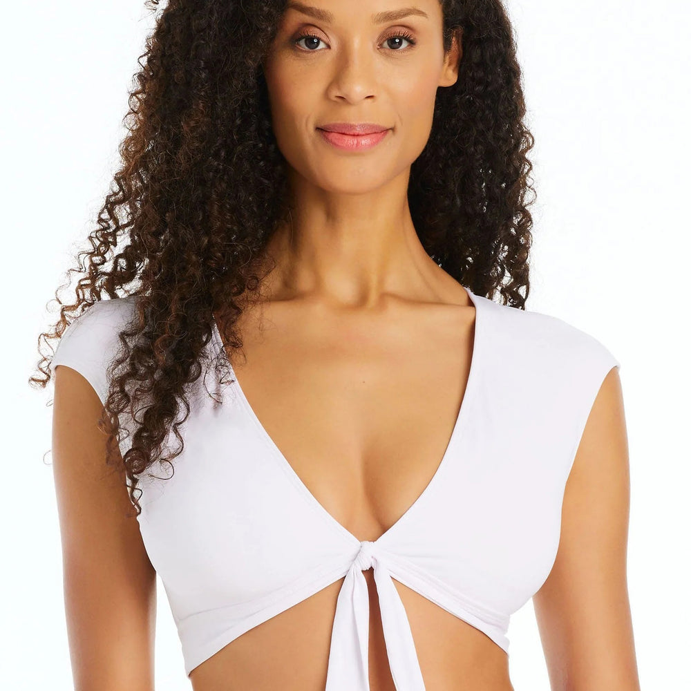 Bleu Rod Beattie Kore Tie Front Cap Sleeve Crop Bikini Top White