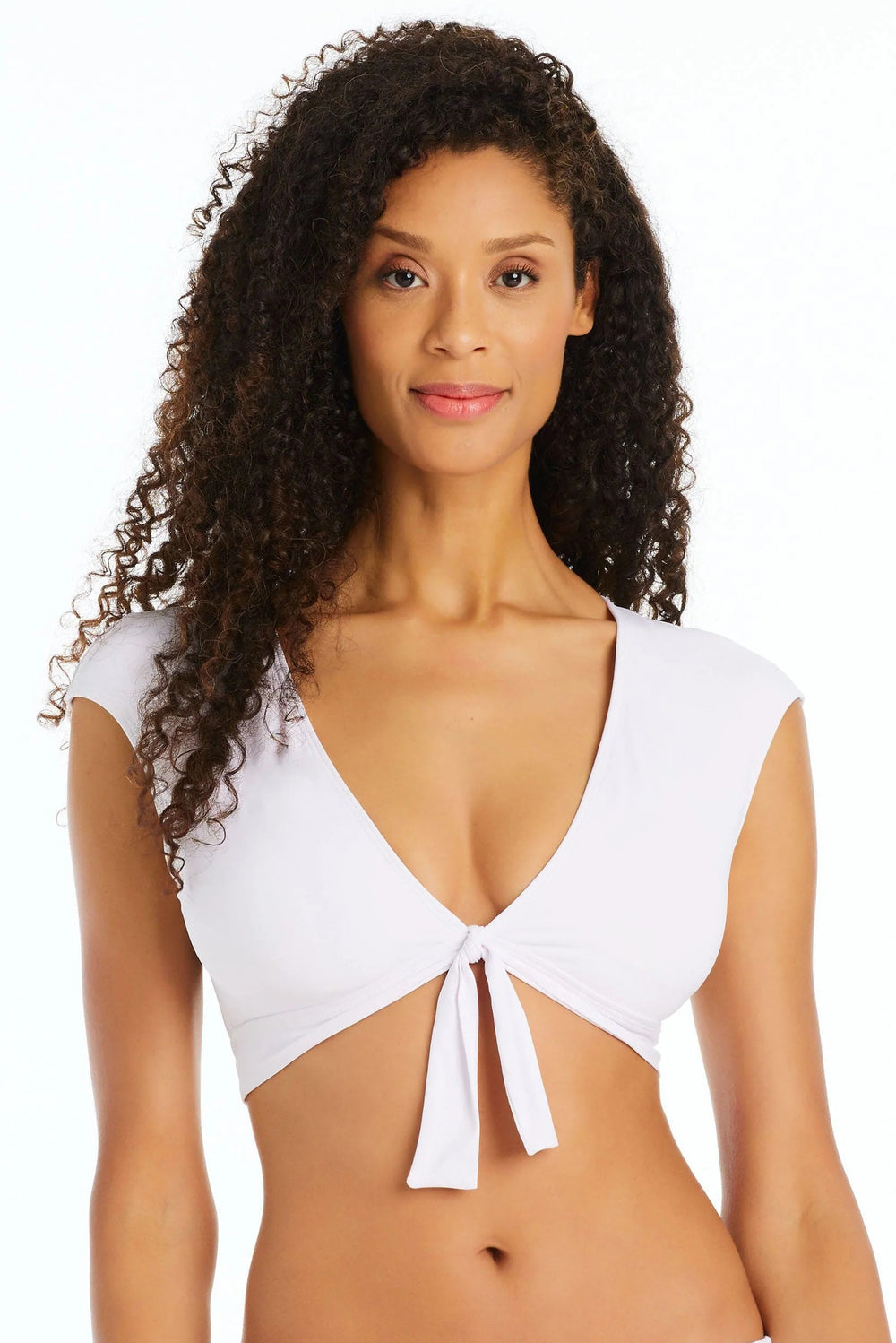 Bleu Rod Beattie Kore Tie Front Cap Sleeve Crop Bikini Top White