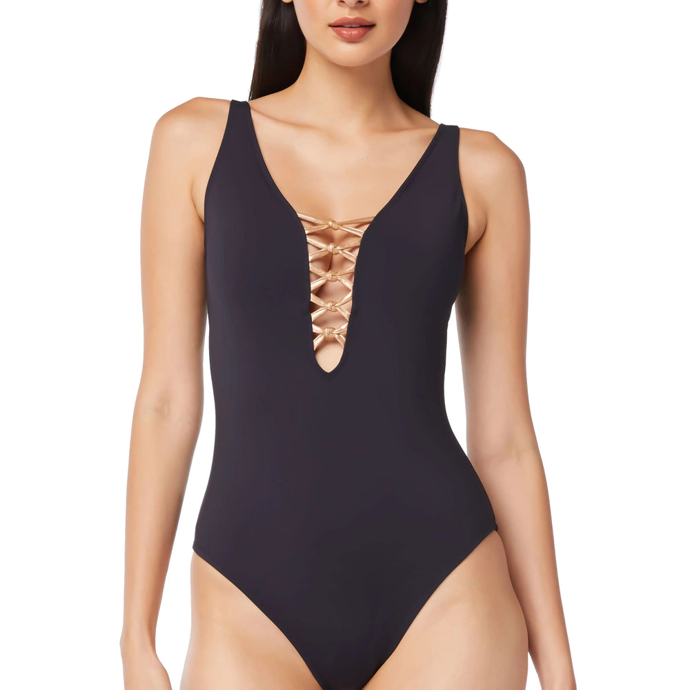 Bleu Rod Beattie Let's Get Knotty Lace Down One-Piece Black