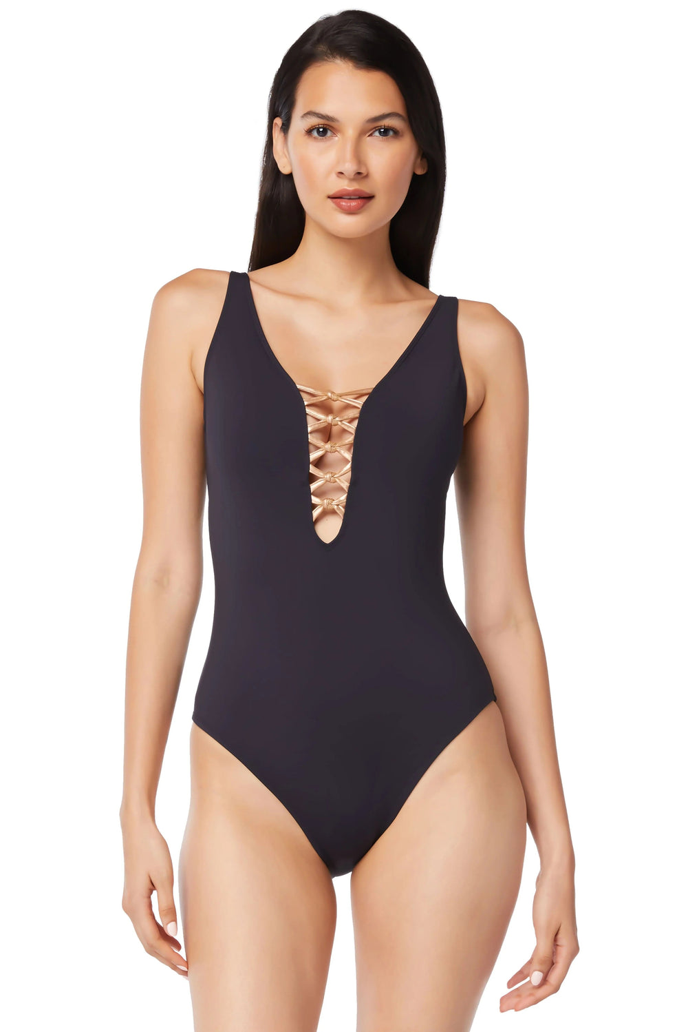 Bleu Rod Beattie Let's Get Knotty Lace Down One-Piece Black