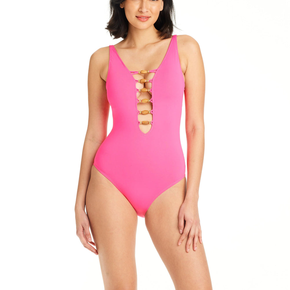 Bleu Rod Beattie Paradise Found Lace Down Ots Mio One Piece Pink Bling