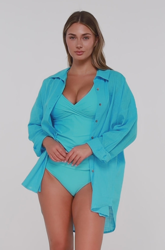 
                      
                        Load and play video in Gallery viewer, Sunsets Blue Bliss Delilah Shirt Cover Up
                      
                    