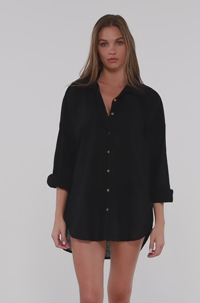 
                      
                        Load and play video in Gallery viewer, Sunsets Black Delilah Shirt Cover Up
                      
                    