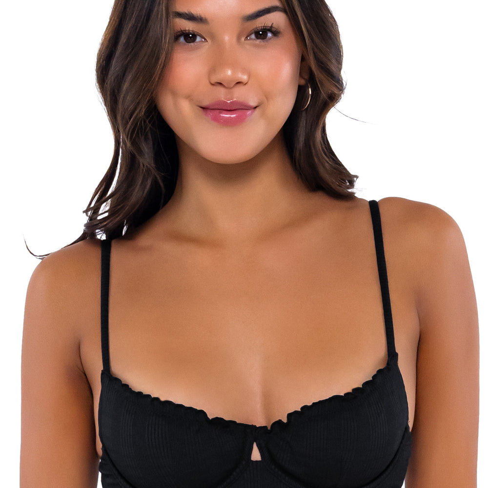 B Swim Black Baja Rib Lyra Ruffle Edge Bikini Top