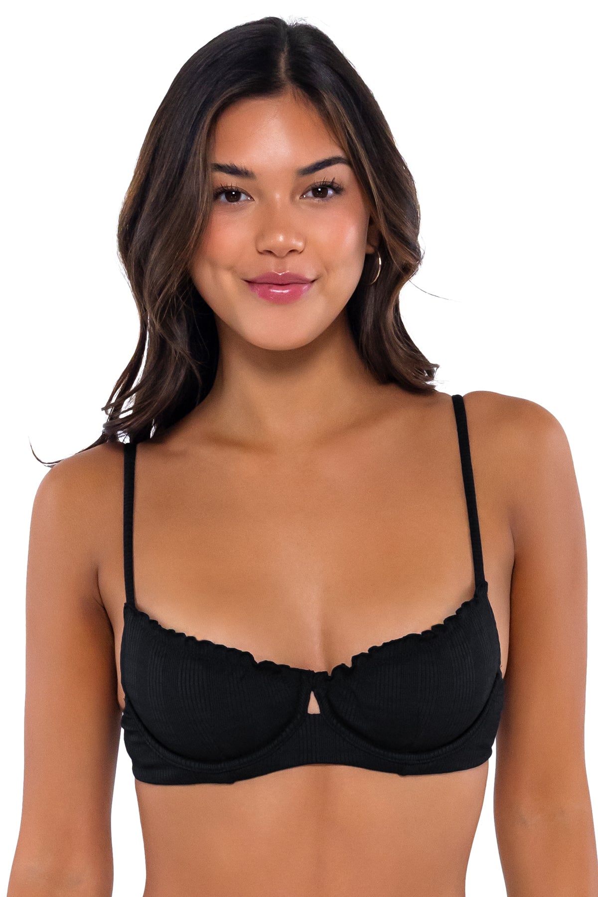 B Swim Black Baja Rib Lyra Ruffle Edge Bikini Top