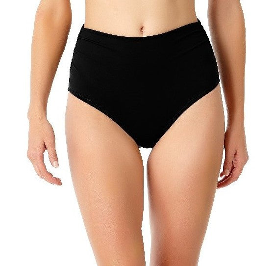 Anne Cole Women's Live In Color Black Convertible Shirred Hi-Waist Bikini Bottom - eSunWear.com