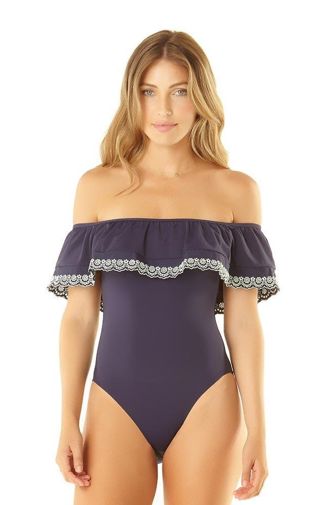 Studio Anne Cole Navy Apple of My Eyelet Flounce One Piece - eSunWear.com