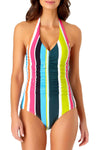 Anne Cole Clear Water Stripe Shirred Front Halter One Piece Swimsuit