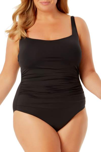 Anne Cole Plus Size Live in Color Black Square Neck Shirred One Piece