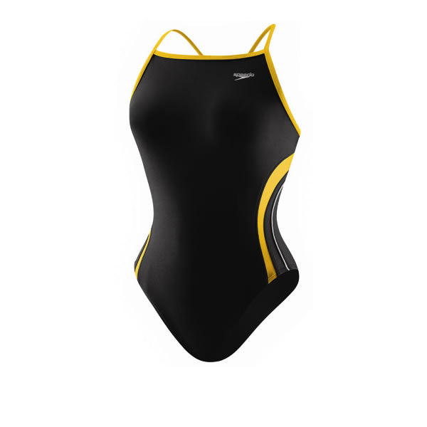 Speedo Girls' Rapid Splice Energy Back One Piece Black And Gold