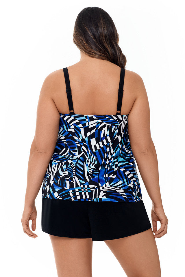 Longitude Plus Size Blue Digital Cortex Raffle Faux Skirtini One Piece