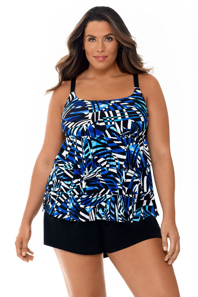 Longitude Plus Size Blue Digital Cortex Raffle Faux Skirtini One Piece