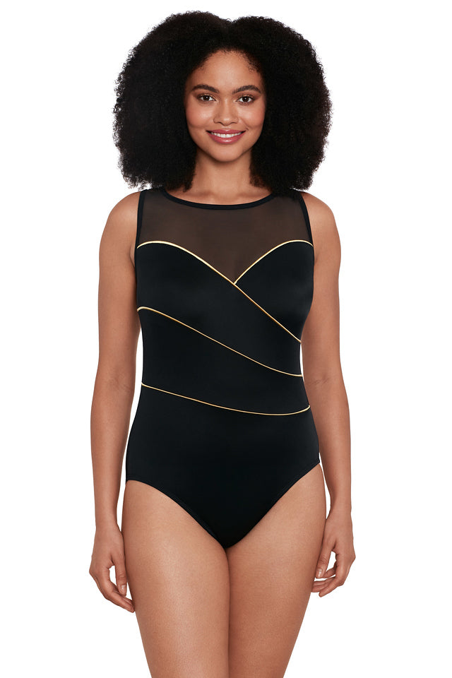 Longitude Piping The Wave Highneck Mesh Tank One Piece Black