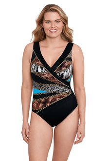  Longitude Bengal Piped Side Shirred Surplice Tank One Piece Brown