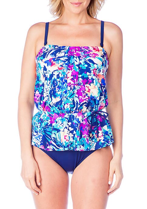 Maxine Of Hollywood Floral Bouquet Peplum Tankini Top Navy Blue