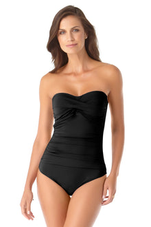  Anne Cole Live In Color Black Twist Front Shirred Bandeau One Piece