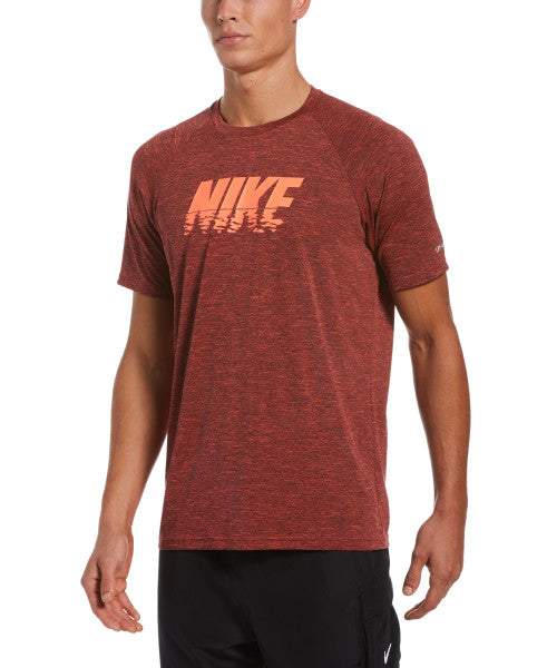 Nike Swim Men's Heather Sunset Logo Short-Sleeve Hydroguard Bright Crimson