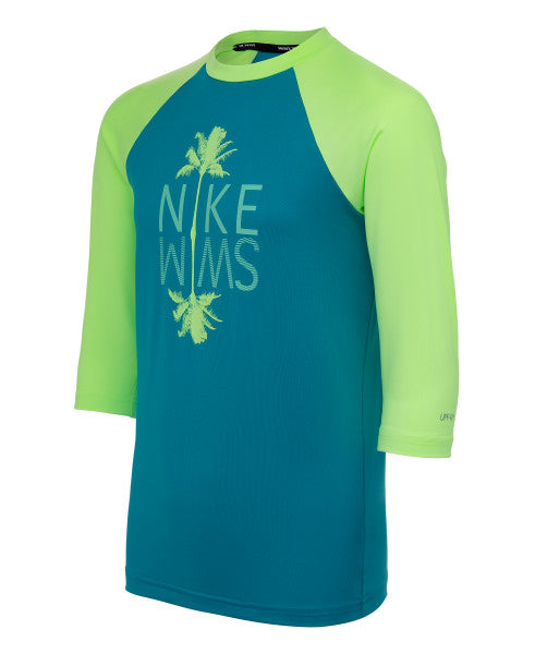 Nike Swim Girls' Palm Logo Short Sleeve Hydroguard Rash Guard Green Strike