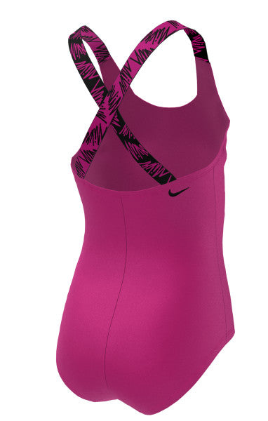 Nike Swim Girls' Script Logo Crossback One Piece Pink Prime