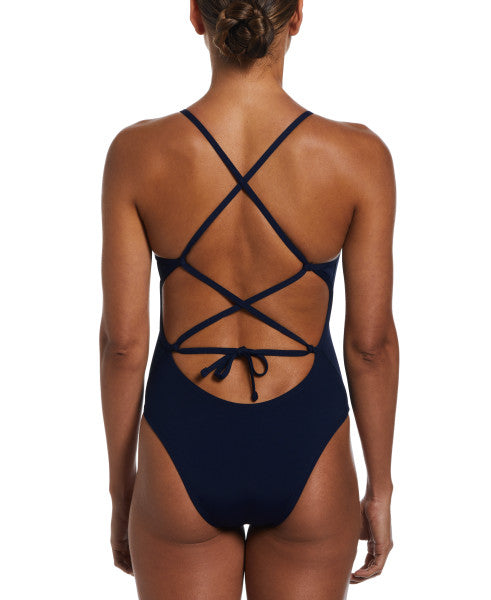 Nike Swim Women's Poly Solid Lace Up Tie Back One Piece Midnight Navy