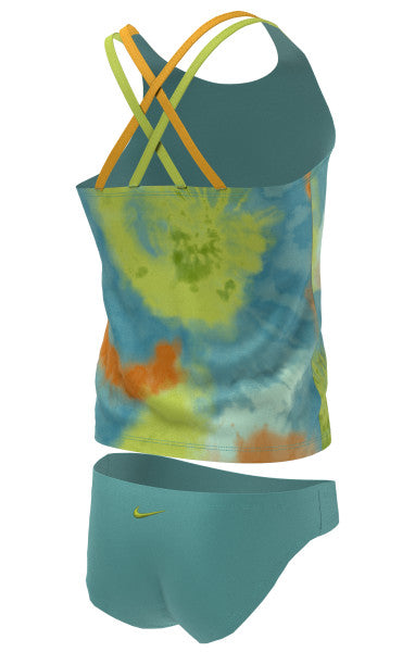 Nike Swim Girls' Tie Dye Spiderback Tankini Set Washed Teal