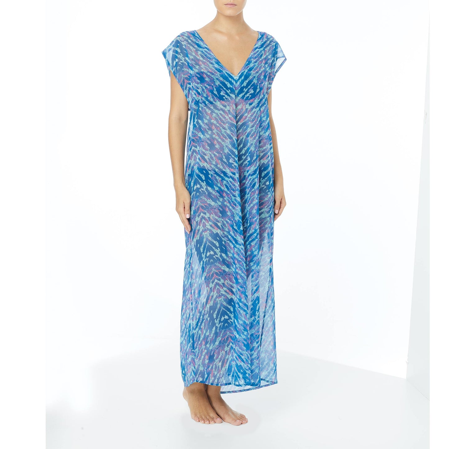 Carmen Marc Valvo Reflections Surf Blue Maxi Caftan Camo Cover Up - eSunWear.com