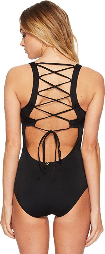 Jantzen Black & White Medallion Black Strappy Back One Piece