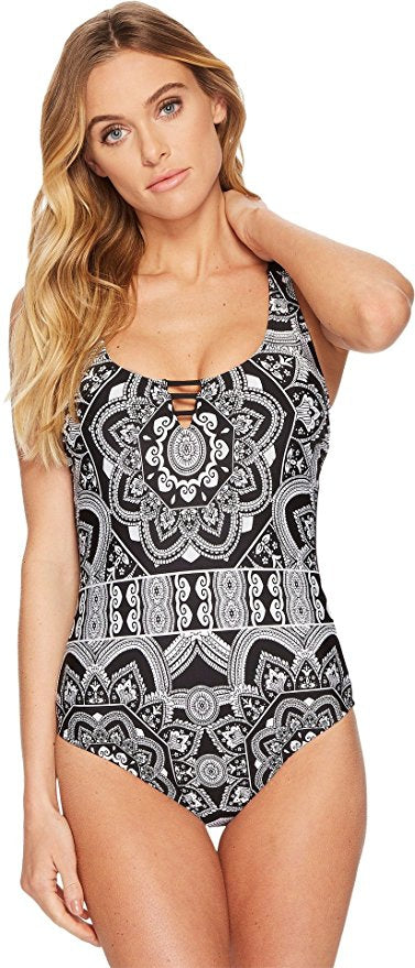 Jantzen Black & White Medallion Black Strappy Back One Piece