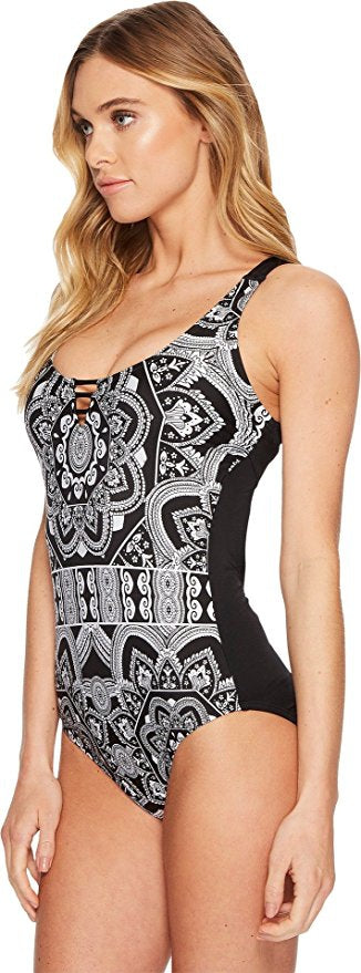 
                      
                        Jantzen Black & White Medallion Black Strappy Back One Piece
                      
                    