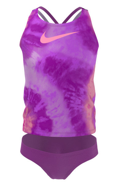 Nike Swim Girls' Tie Dye Spiderback Tankini Set Laser Purple