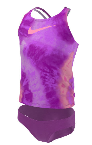 Nike Swim Girls' Tie Dye Spiderback Tankini Set Laser Purple
